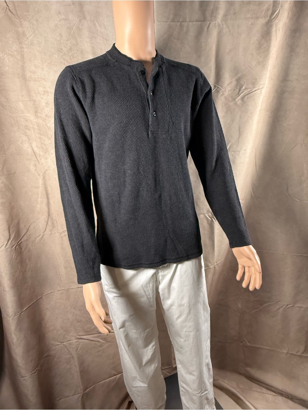 Cooperative Black Long-Sleeve Henley Waffle Knit